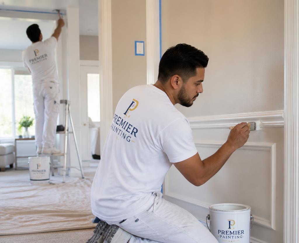 Professional painting crew working on interior trim detail