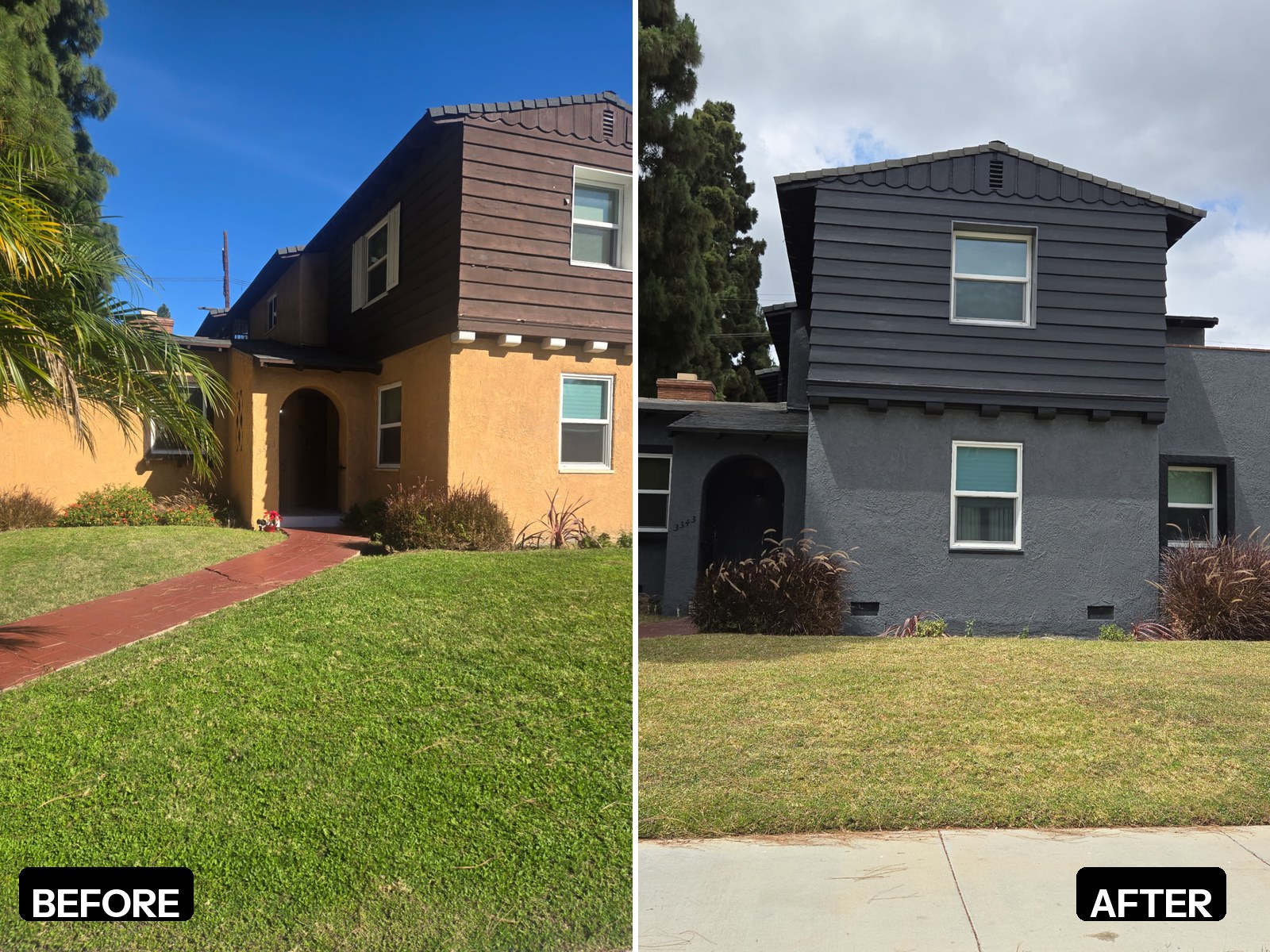 Before and after split of a home exterior repaint — weathered brown siding and tan stucco transformed to a modern grey finish